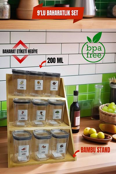 Open Home Concept 9-Piece Bamboo Spice Rack Set - Gift Spice Label