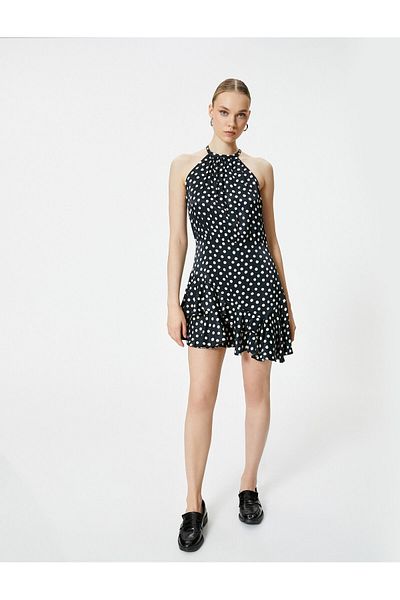 Koton Polka Dot Satin Dress Halter Neck Mini Flounced