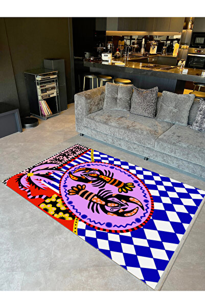 Rugs Modern Halı Yılmaz Koleksiyonu Çok Renkli Istakoz Palmiye ve Damalı Dese...