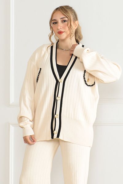 Molly Nelly Women's Knitwear Ribbed Cardigan Trousers Pocket Detailed Set
