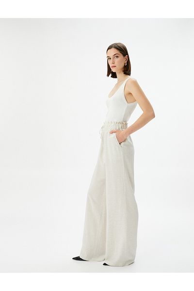 Koton Wide Leg Trousers High Waist Lace Up Pocket