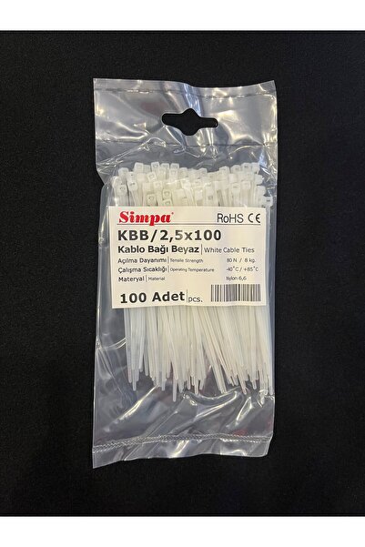 Simpa Elektrik Kablo Bağı Beyaz 2,5x100 Plastik Cırt Kelepçe (100 Adet)