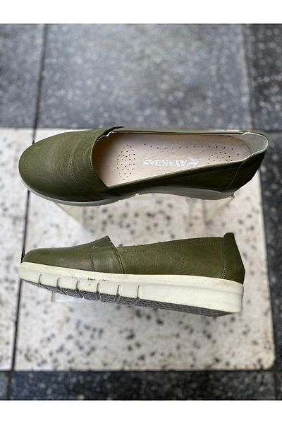 Aysun Ayakkabı Green Inside and Outside Real Leather Orthopaedic and Slip-Resistant Sole Women's Casual Shoes