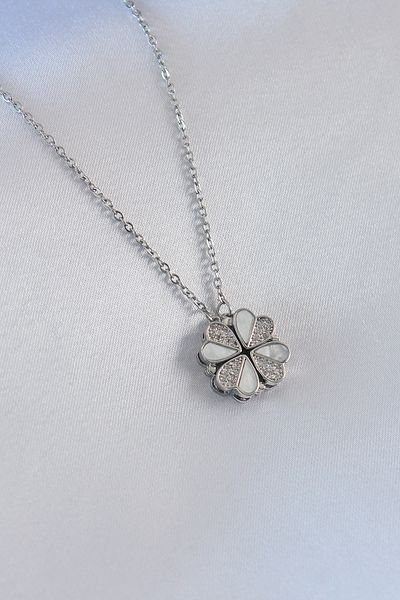 Skygo Robotrend 316L Steel Silver Colored Zircon Stone Clover Model Women's Necklace