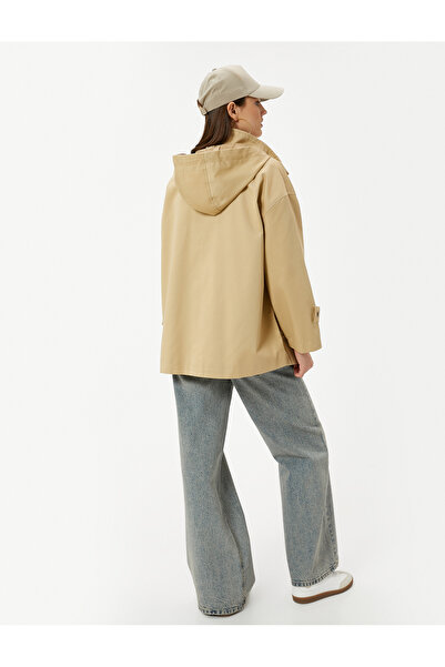 Koton Hip-Length Lined Hooded Short Trench Coat - Pocket and Zipper, Wind Cover