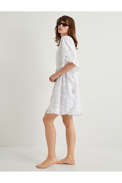 Koton Übergroßes Strandkleid, Mini, Baumwolle, Taillenbund, Bindegürtel, V-Ausschnitt