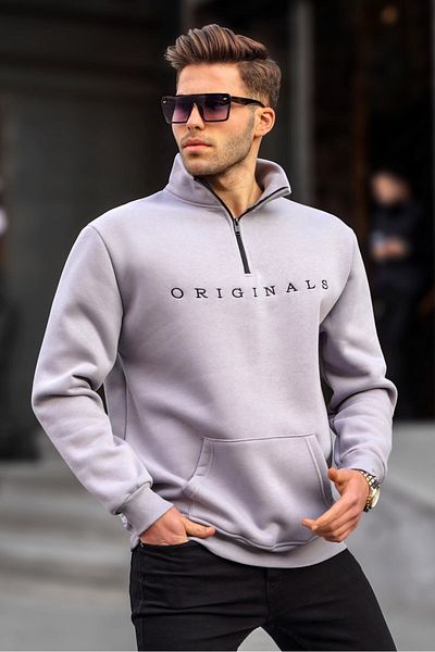 Madmext Рисуван сив бродиран суичър с яка с цип 6028