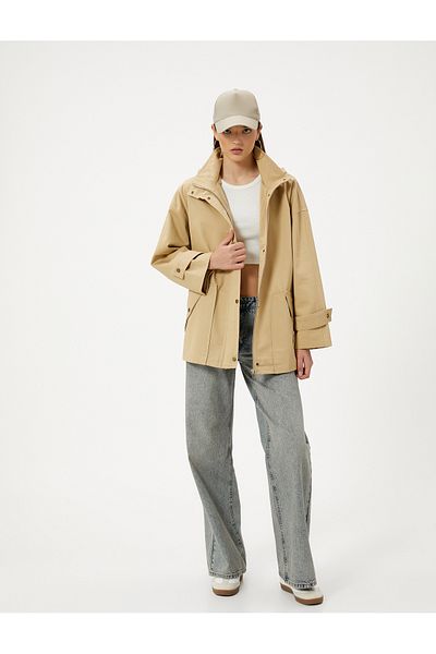 Koton Hip-Length Lined Hooded Short Trench Coat - Pocket and Zipper, Wind Cover