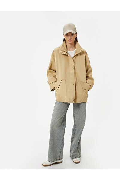Koton Hip-Length Lined Hooded Short Trench Coat - Pocket and Zipper, Wind Cover
