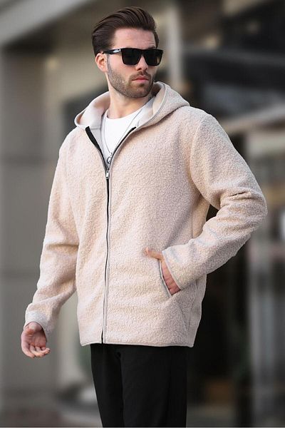 Madmext Ecru Zippered Plush Men's Cardigan E7080