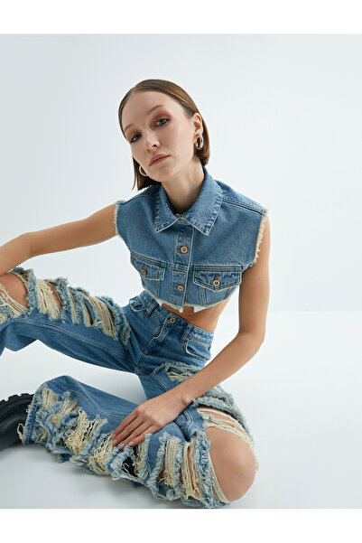 Koton Crop Denim Vest Shirt Collar Buttoned Pocket