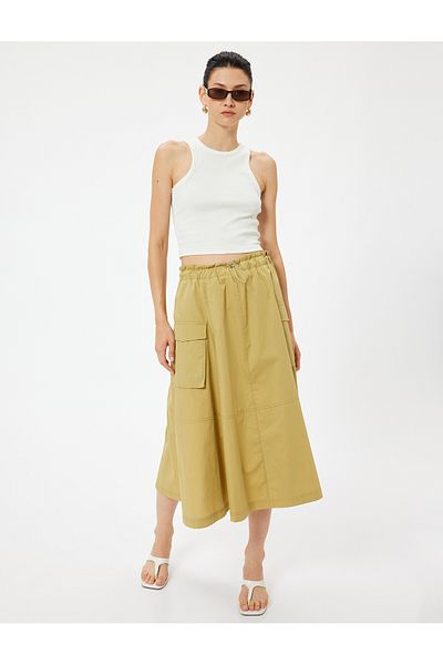 Koton Cotton Midi Length Flared Skirt - Cargo Pocket and Elastic Waist