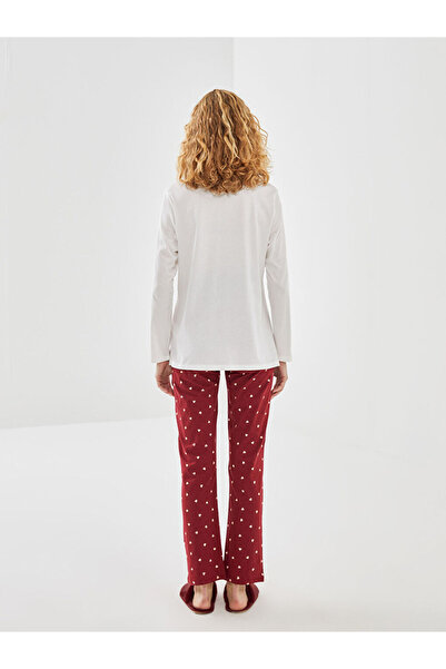 LC Waikiki Burgundy Crew Neck Printed Women's Pajamas Set