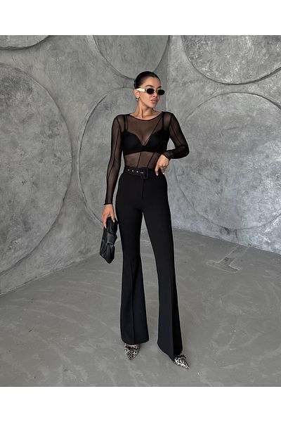 ŞULE BUTİK Black High Waist Belted Crepe Fabric Spanish Leg Trousers