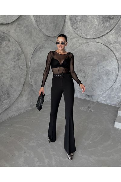 ŞULE BUTİK Black High Waist Belted Crepe Fabric Spanish Leg Trousers