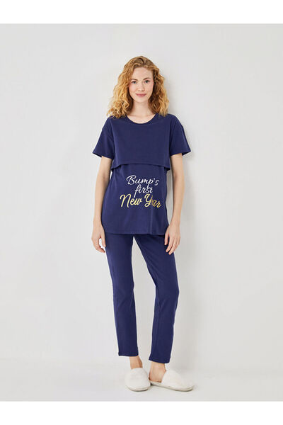 LC Waikiki Navy Blue Crew Neck New Year's Themed Maternity Pajama Set
