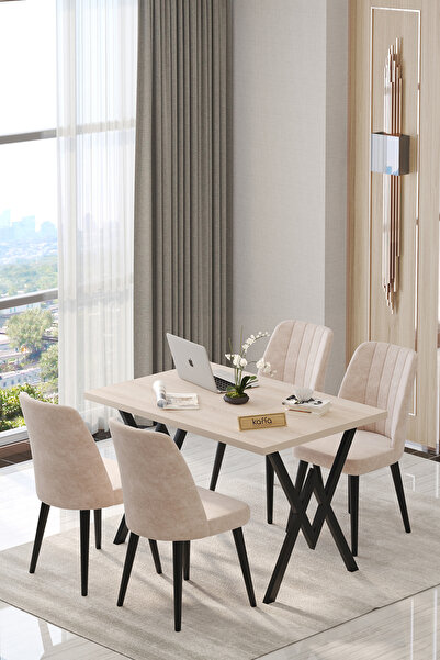 Kaffahome Will 70x120 Sonomo Sabit Yemek Masası , Yemek Masa Takımı 4 Cappuci...