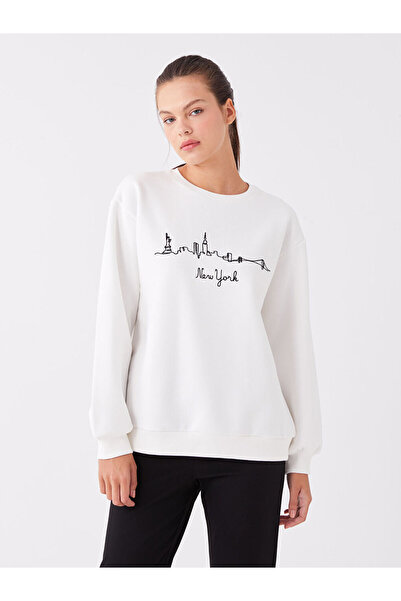 LC Waikiki Bisiklet Yaka Nakışlı Uzun Kollu Kadın Sweatshirt