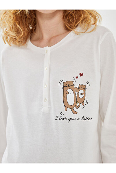 LC Waikiki Burgundy Crew Neck Printed Women's Pajamas Set