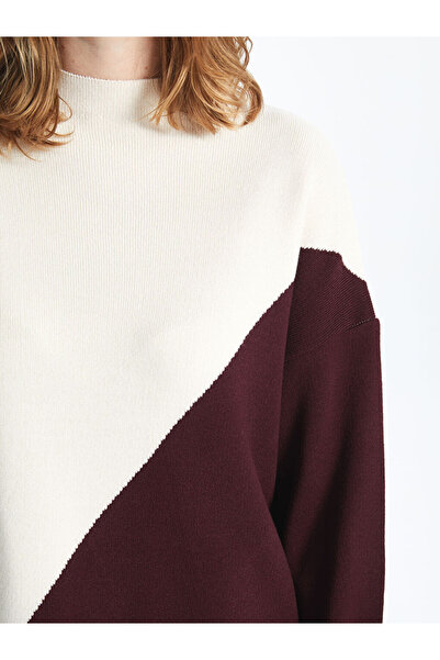 LC Waikiki Burgundy Half Turtleneck Color Block Women's Knitwear Tunic