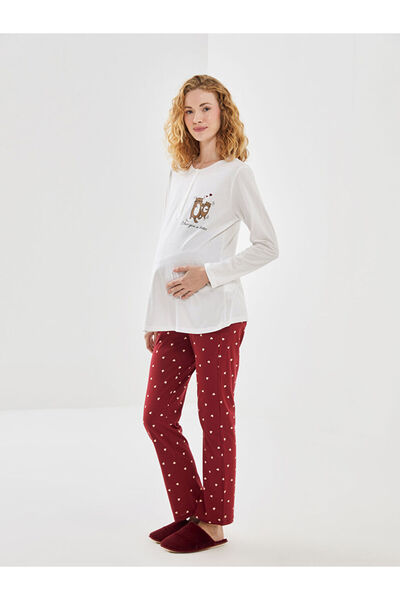 LC Waikiki Burgundy Crew Neck Printed Women's Pajamas Set