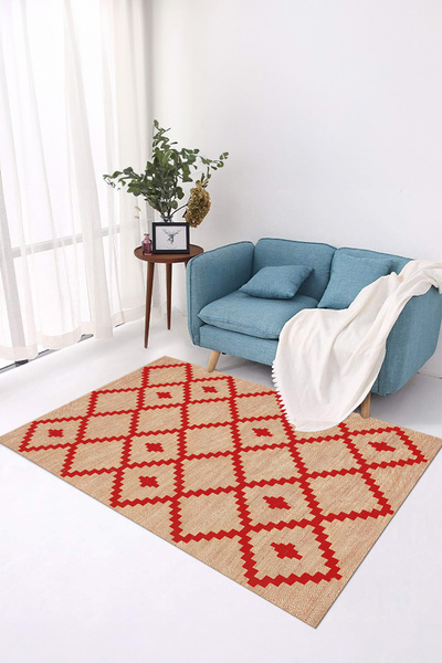 Viyana Home Digital Anti-Slip Base Square Patterned Jute Model Washable Floor Mat Kitchen Living Room Carpet