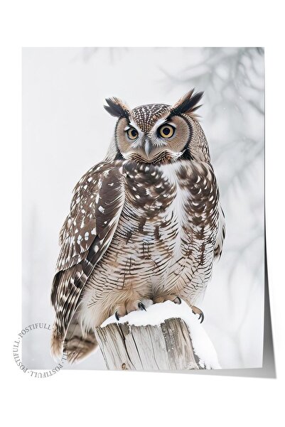 Postifull Owl in Snowfall Poster, New Year Wall Poster, Vertical Wall Painting Comfort Series No: 108413