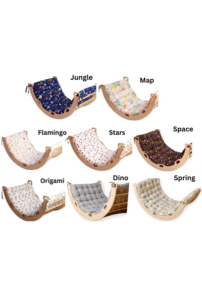 KIDOPPO Pikler Tırmanma Seti | Montessori Tam Set Ve Desenli Yastık | Üçgen&kemer&2 Adet Rampa&harita Yastık