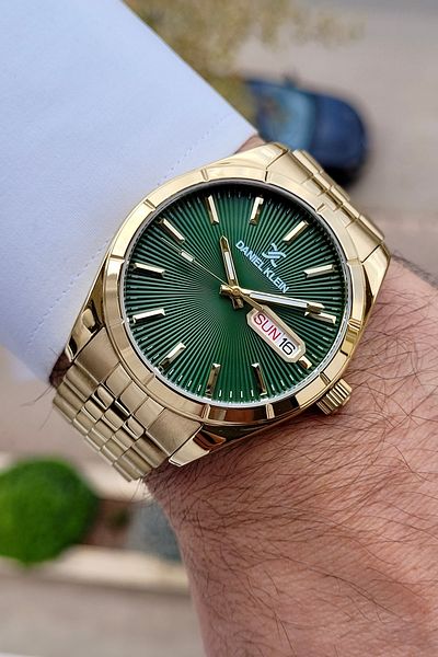 Daniel Klein Men's Watch with Cordon Gold Dial Green Color Calendar and Day Function