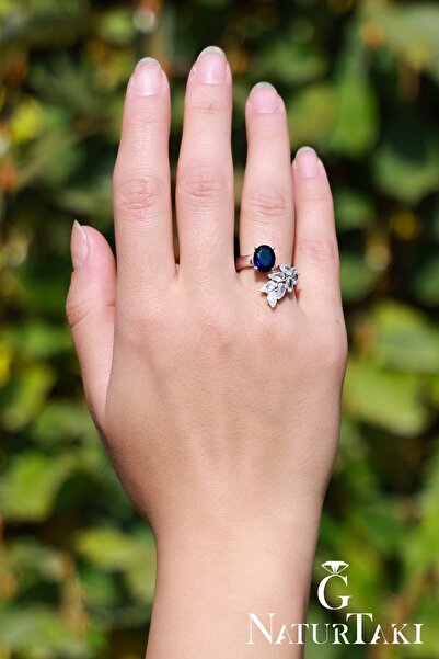 Naturtakı Lacivert-Safir(zirkon) Oval Taşlı Gümüş Kadın Yüzük Modeli Parmağa ...