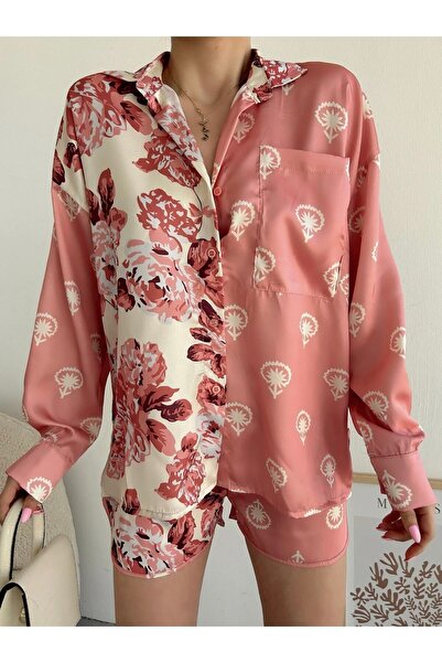 Julidress Ροζ πουκάμισο με λουλούδια με ελαστική μέση σορτς κάτω από σατέν κο...
