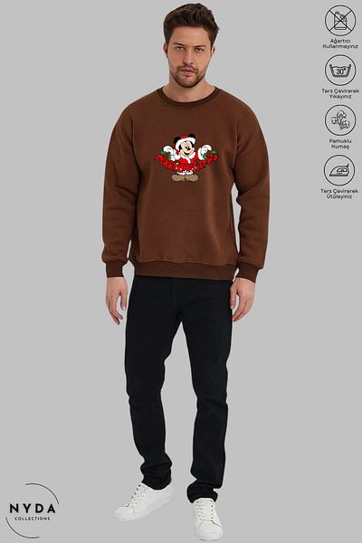 Nyda Collections Unisex Πρωτοχρονιά Καλά Χριστούγεννα με στάμπα με λαιμόκοψη χωρίς κουκούλα υπερμεγέθη φούτερ