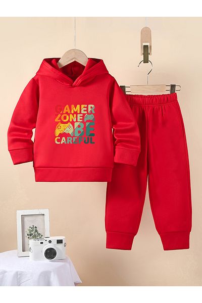 Let's Wear طقم بدلة رياضية بغطاء للرأس للأطفال مطبوع من Game Zone - طقم رياضي مكون من قطعتين