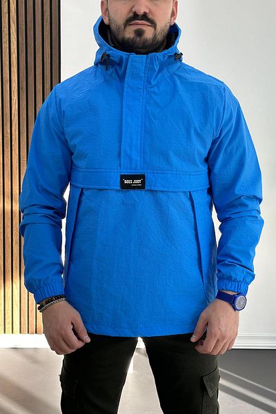 Edwox Μπλε Slim Fit Κρίνκλ Αδιάβροχο Μπουφάν - Κέντρινος Τσέπης και Μισό Φερμουάρ Edw077