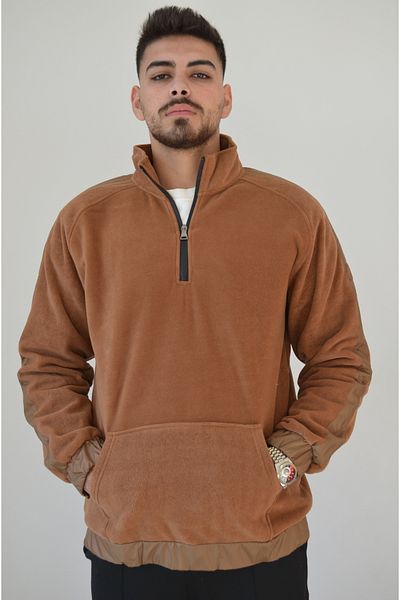 Mind Clothes Men's Stand-Up Collar Brick Color Semi-Plush Sleeve Detailed Zippered Men's Sweater