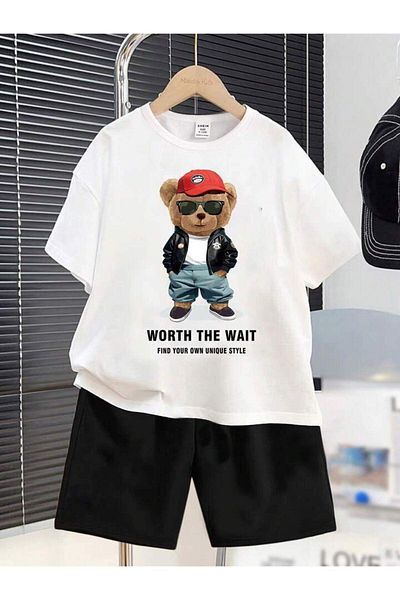 THEKONT Red Bear Printed Shorts and Hat Set for 3-10 Years Old Children