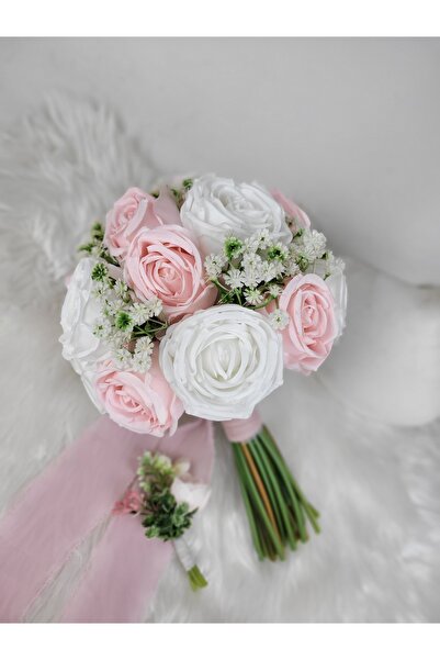 Buketlife Pembe beyaz gelinbuketi gelinçiçeği ve yakaçiçeği