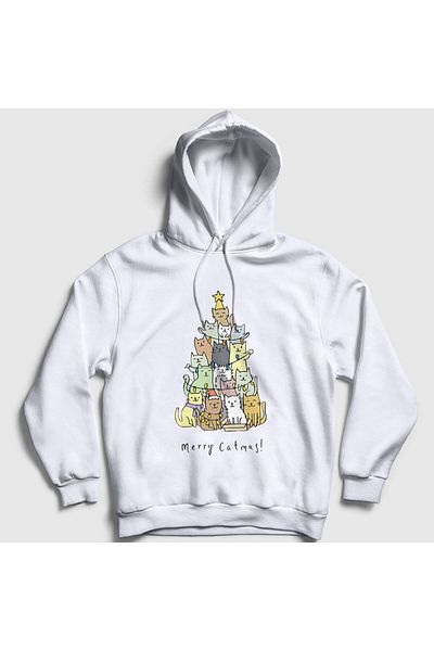 Presmono Unisex Λευκό Merry Catmas Cats Πρωτοχρονιάτικο φούτερ με κουκούλα 270153 ττ