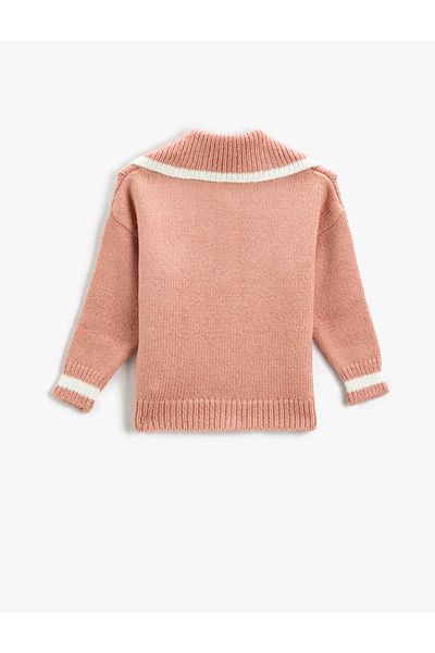 Koton Oversize Knitwear Sweater Wide Baby Collar Striped Buttons Pocketed