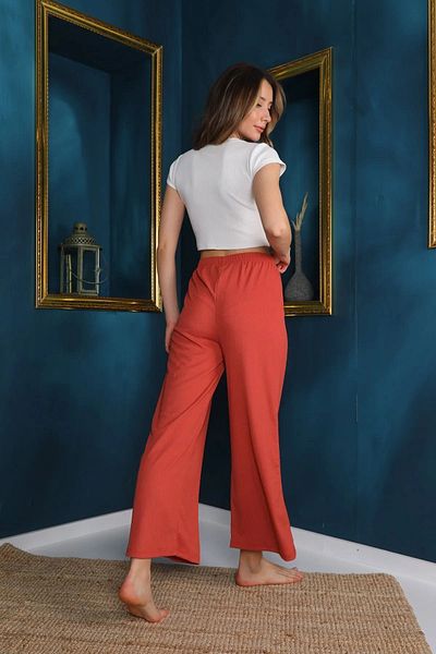 SİERNA Tile Color Seersucker Trousers for Women - Elastic Waist, Wide Leg, Oversize Cut