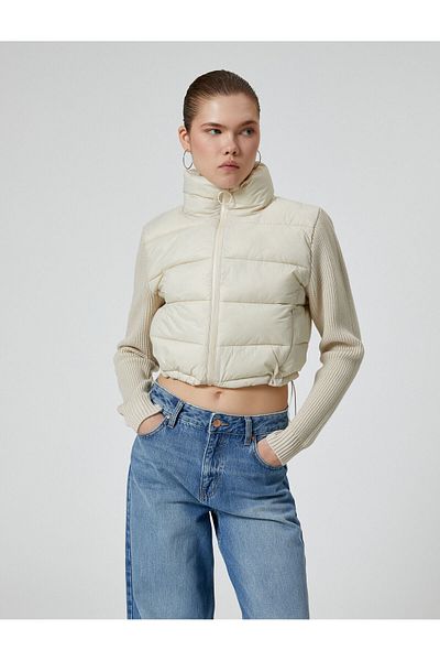 Koton Knitwear Sleeve Puffer Jacket - Stand Collar and Zippered