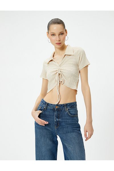 Koton Crop Polo Kragen T-Shirt Front gerafft Krawatte Strukturiert