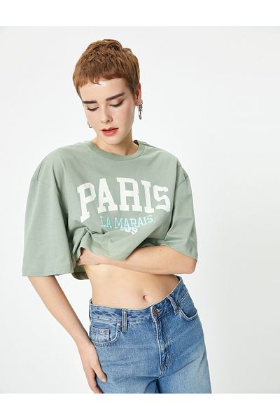 Koton Cotton Comfortable Fit Crop T-Shirt - Short Sleeve, Crew Neck