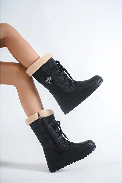 royalmoni Kışlık Suya Dayanıklı Fermuarlı İçi Kürklü Bağcıklı Kadın Bot Siyah