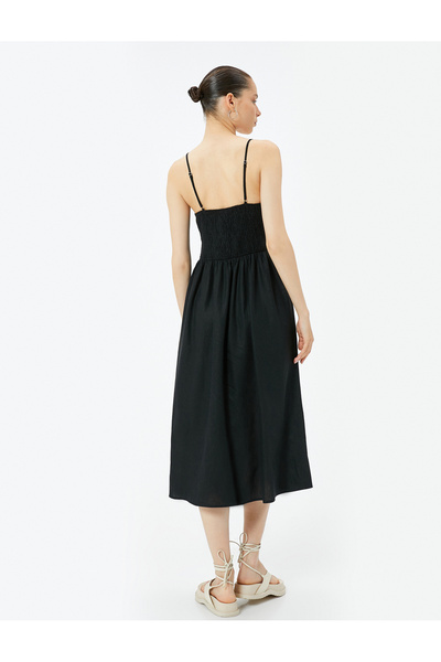 Koton Midi Keten Elbise Kruvaze Yaka Düğme Detaylı İnce Askılı