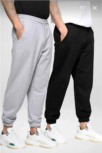 THE WHITE Men's Black Gray Rubber Leg Sports Sweatpants Pack of 2