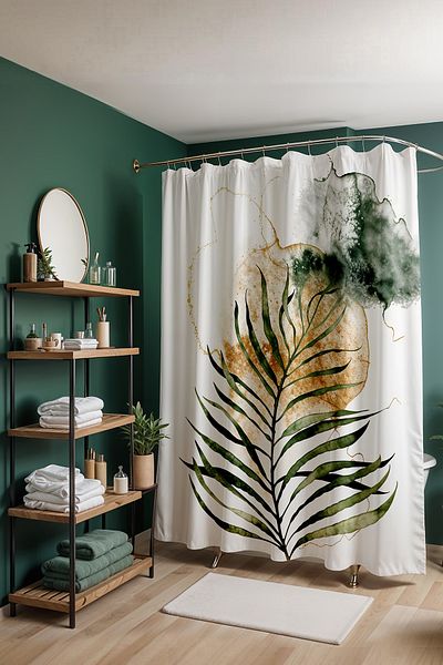 EVPANYA Κουρτίνα μπάνιου, Κουρτίνα μπάνιου Bohemian Green Leaf Pattern, Κουρτίνα μπάνιου 175x200cm