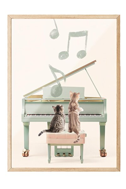 Postifull Cats Playing Piano Çerçeveli Tablo, Ahşap Çerçeve ve Poster, Duvar ...