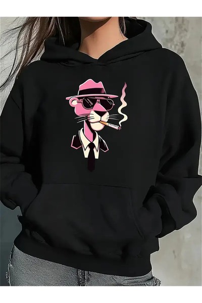 WOODROFFE Hanorac oversize negru gri cu decolteu și glugă cu imprimeu pantera...