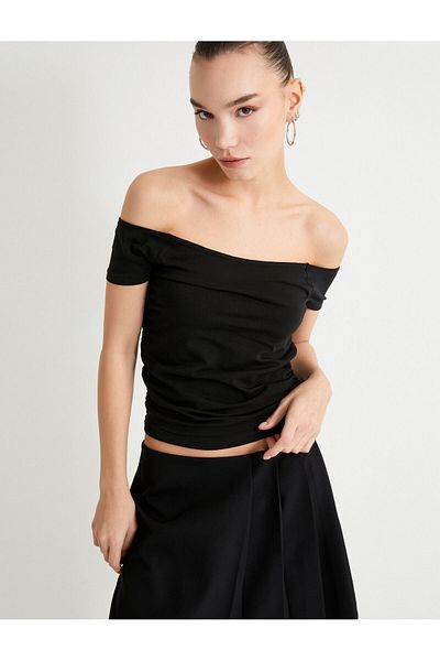 Koton Cotton Madonna Collar Draped Detail Off-The-Shoulder Short Sleeve T-Shirt